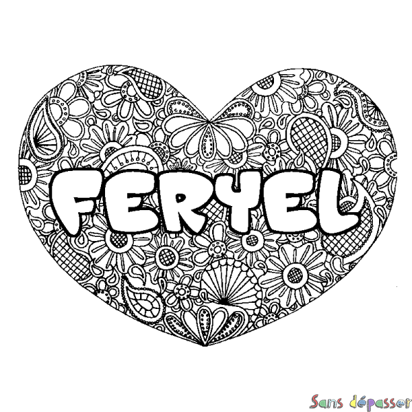 Coloriage prénom FERYEL - d&eacute;cor Mandala coeur