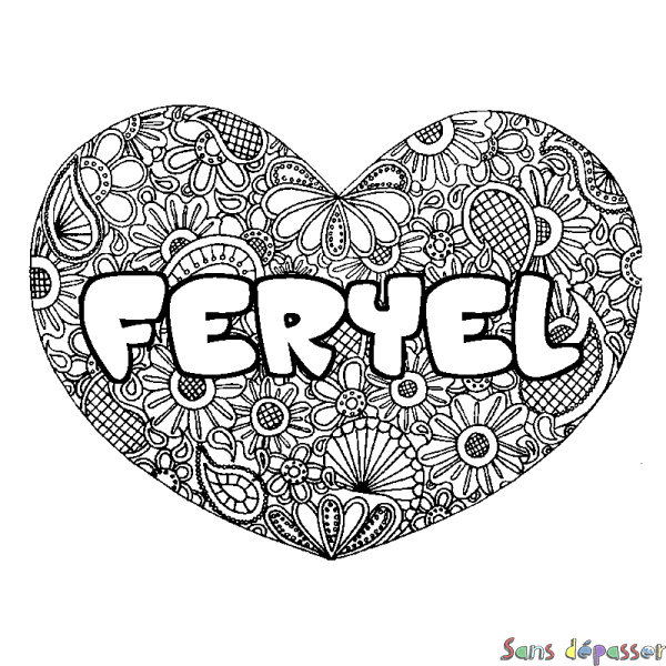 Coloriage pr&eacute;nom FERYEL - d&eacute;cor Mandala coeur