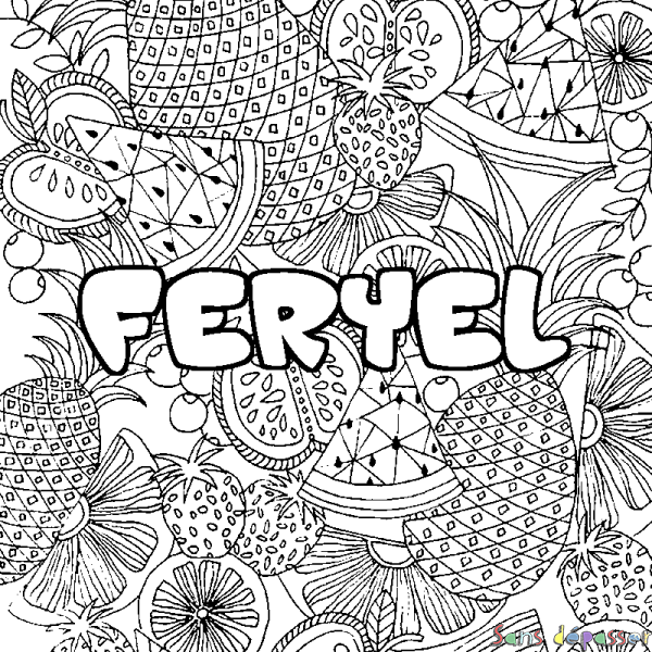 Coloriage prénom FERYEL - d&eacute;cor Mandala fruits