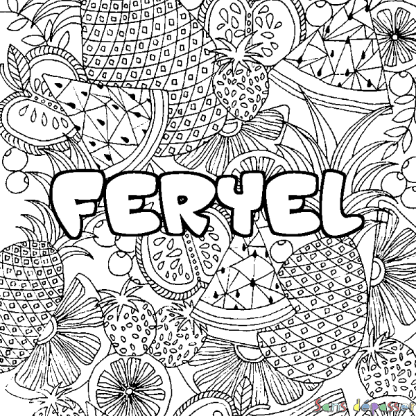 Coloriage pr&eacute;nom FERYEL - d&eacute;cor Mandala fruits