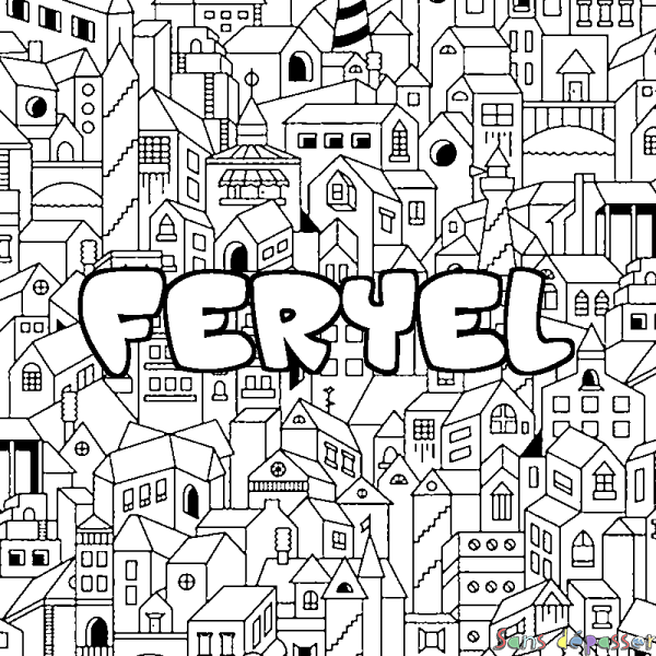 Coloriage prénom FERYEL - d&eacute;cor Ville