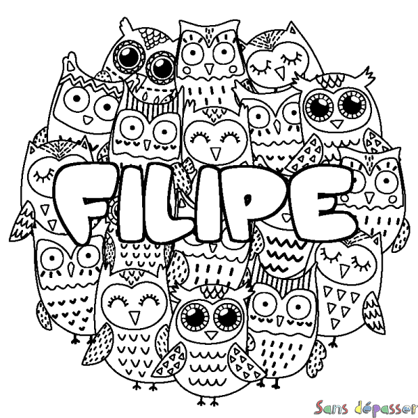 Coloriage pr&eacute;nom FILIPE - d&eacute;cor Chouettes