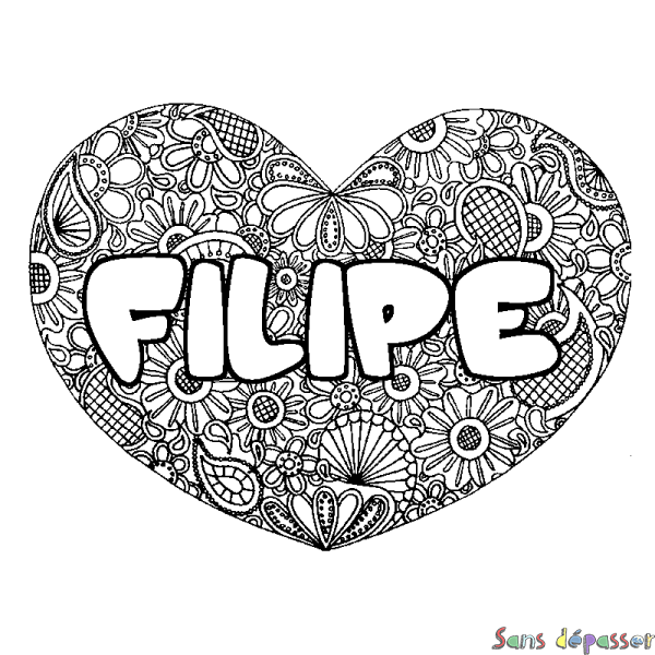 Coloriage pr&eacute;nom FILIPE - d&eacute;cor Mandala coeur