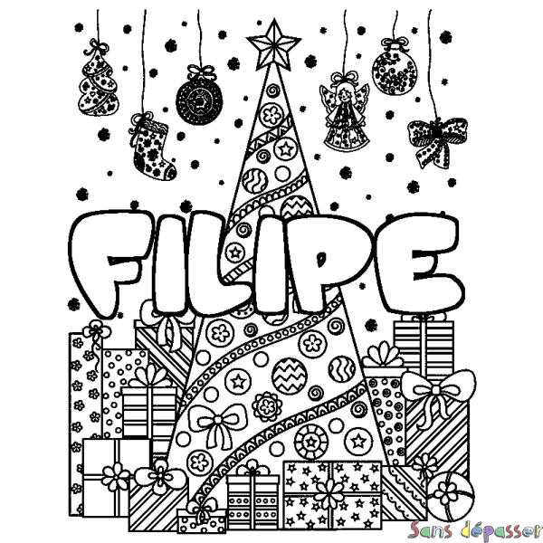 Coloriage prénom FILIPE - d&eacute;cor Sapin et Cadeaux