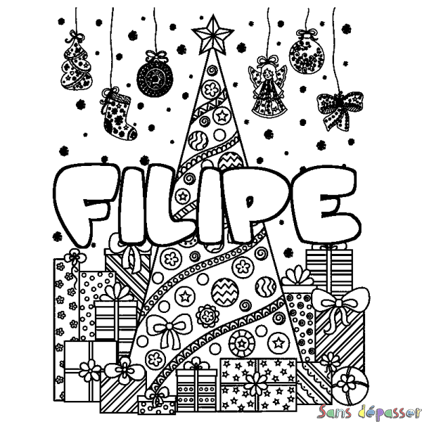Coloriage pr&eacute;nom FILIPE - d&eacute;cor Sapin et Cadeaux