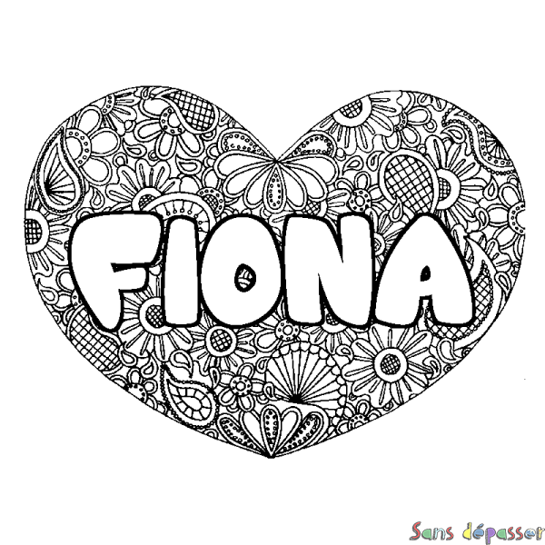 Coloriage pr&eacute;nom FIONA - d&eacute;cor Mandala coeur
