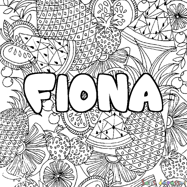 Coloriage pr&eacute;nom FIONA - d&eacute;cor Mandala fruits