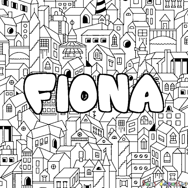 Coloriage pr&eacute;nom FIONA - d&eacute;cor Ville