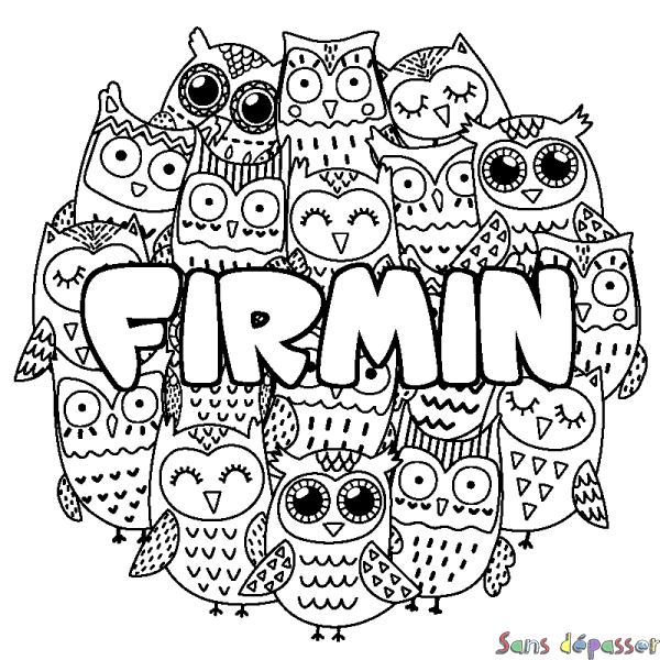 Coloriage pr&eacute;nom FIRMIN - d&eacute;cor Chouettes