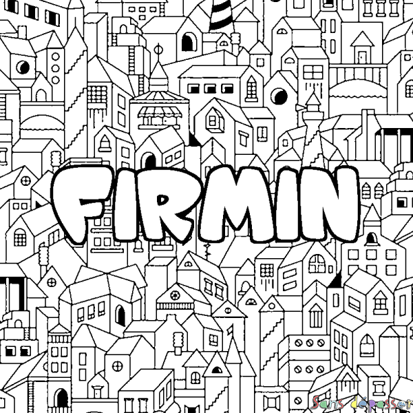 Coloriage pr&eacute;nom FIRMIN - d&eacute;cor Ville