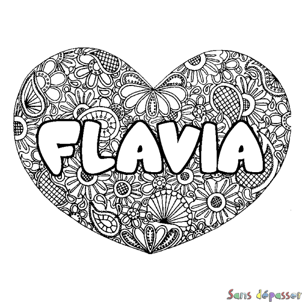 Coloriage prénom FLAVIA - d&eacute;cor Mandala coeur