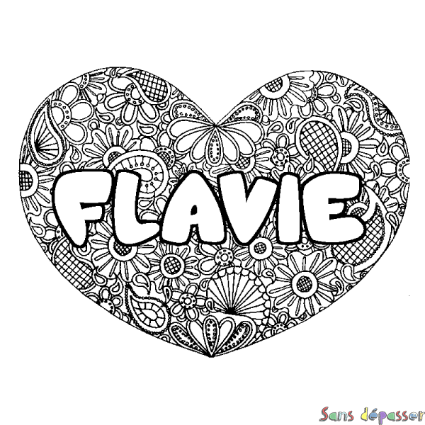 Coloriage prénom FLAVIE - d&eacute;cor Mandala coeur