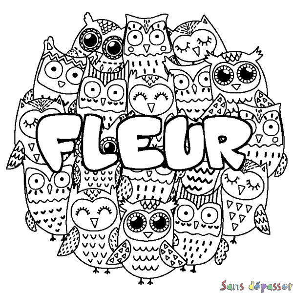 Coloriage pr&eacute;nom FLEUR - d&eacute;cor Chouettes