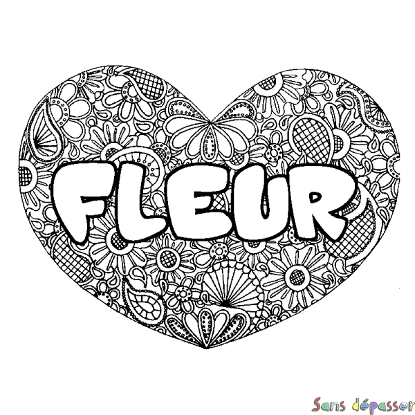 Coloriage pr&eacute;nom FLEUR - d&eacute;cor Mandala coeur