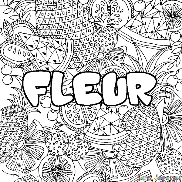 Coloriage pr&eacute;nom FLEUR - d&eacute;cor Mandala fruits