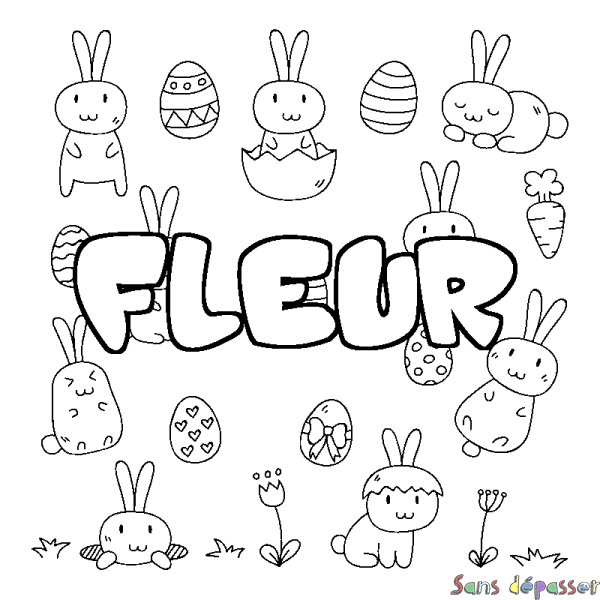 Coloriage pr&eacute;nom FLEUR - d&eacute;cor Paques