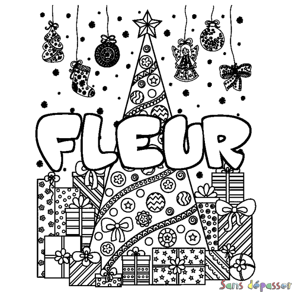 Coloriage prénom FLEUR - d&eacute;cor Sapin et Cadeaux