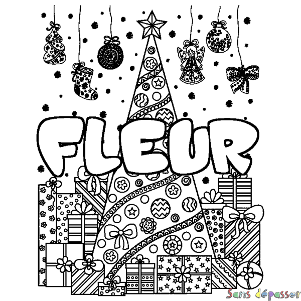 Coloriage pr&eacute;nom FLEUR - d&eacute;cor Sapin et Cadeaux