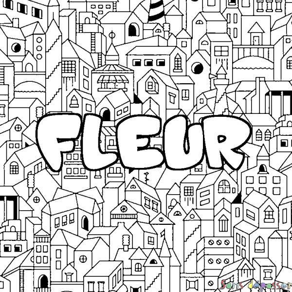 Coloriage pr&eacute;nom FLEUR - d&eacute;cor Ville