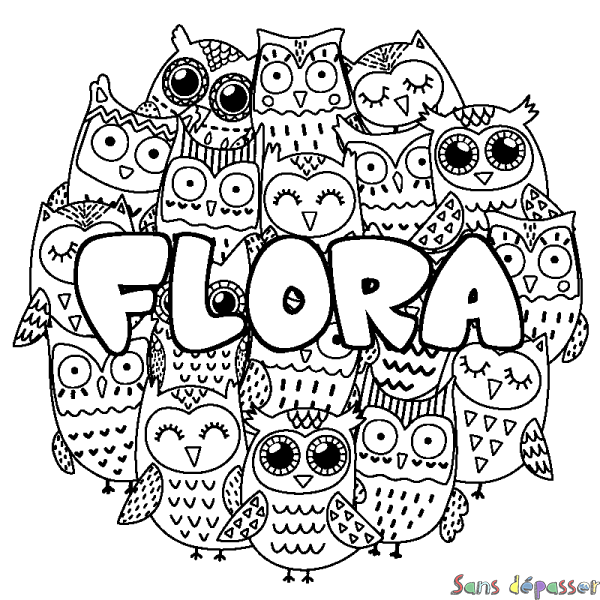 Coloriage pr&eacute;nom FLORA - d&eacute;cor Chouettes