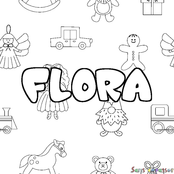 Coloriage pr&eacute;nom FLORA - d&eacute;cor Jouets