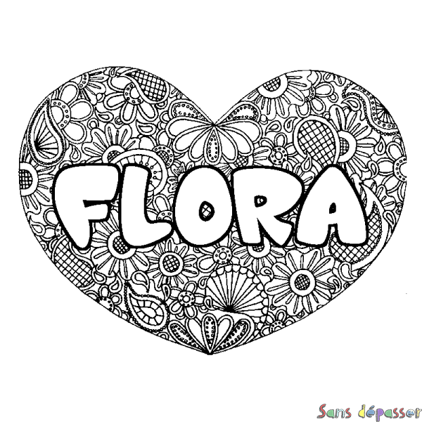 Coloriage prénom FLORA - d&eacute;cor Mandala coeur