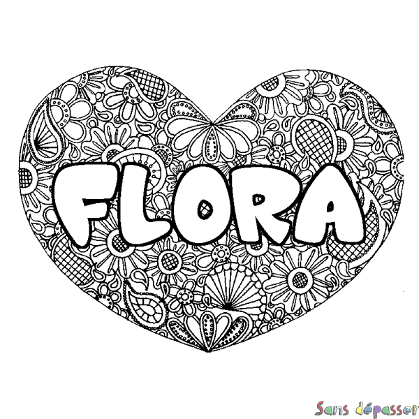Coloriage pr&eacute;nom FLORA - d&eacute;cor Mandala coeur