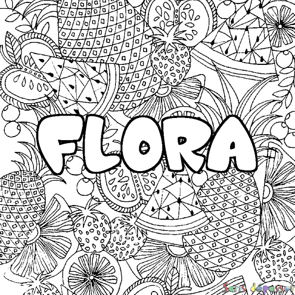 Coloriage pr&eacute;nom FLORA - d&eacute;cor Mandala fruits