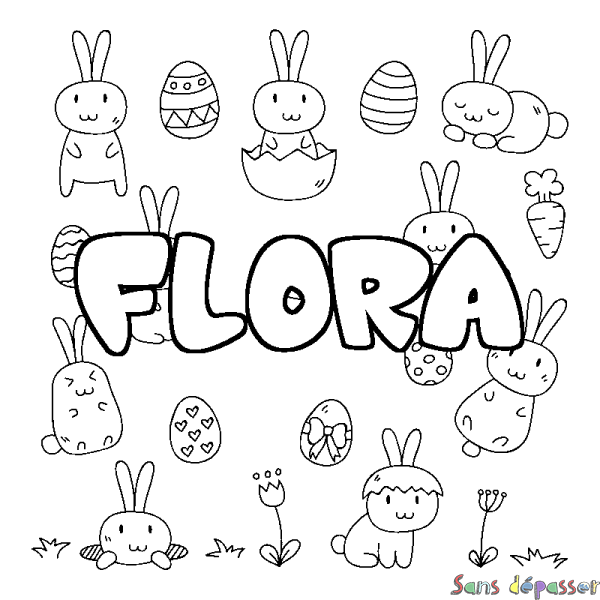 Coloriage pr&eacute;nom FLORA - d&eacute;cor Paques