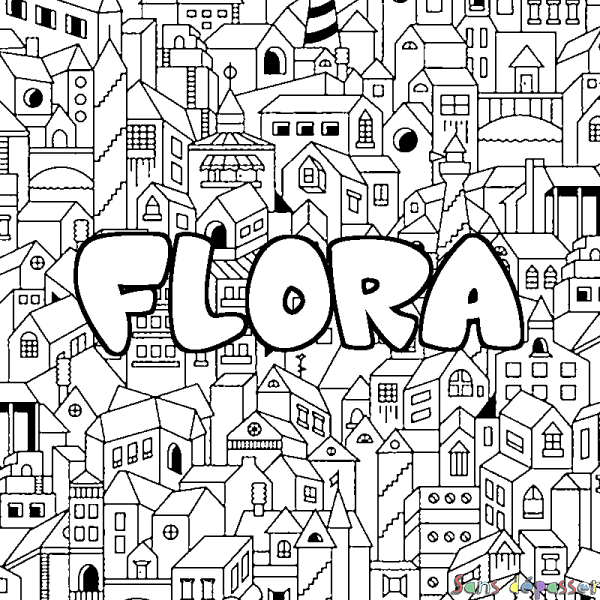 Coloriage prénom FLORA - d&eacute;cor Ville