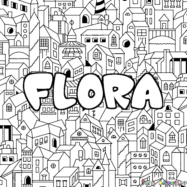 Coloriage pr&eacute;nom FLORA - d&eacute;cor Ville