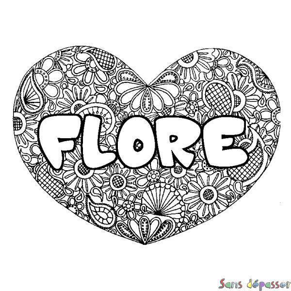 Coloriage pr&eacute;nom FLORE - d&eacute;cor Mandala coeur