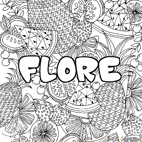 Coloriage pr&eacute;nom FLORE - d&eacute;cor Mandala fruits