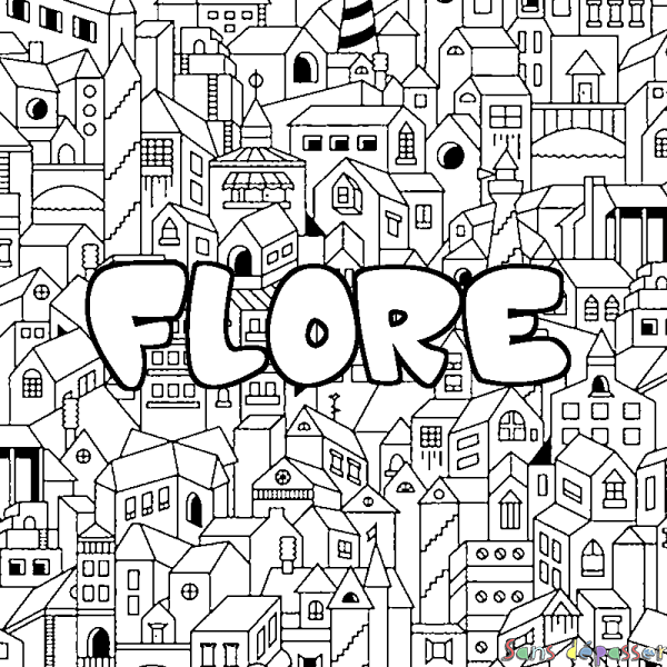 Coloriage pr&eacute;nom FLORE - d&eacute;cor Ville