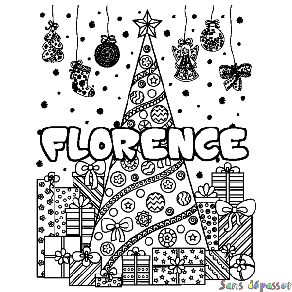 Coloriage prénom FLORENCE - d&eacute;cor Sapin et Cadeaux