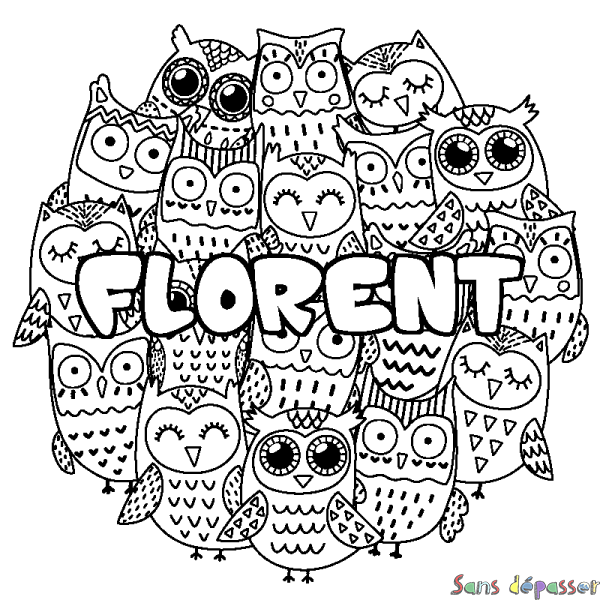 Coloriage pr&eacute;nom FLORENT - d&eacute;cor Chouettes