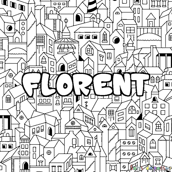 Coloriage pr&eacute;nom FLORENT - d&eacute;cor Ville