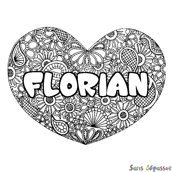 Coloriage pr&eacute;nom FLORIAN - d&eacute;cor Mandala coeur