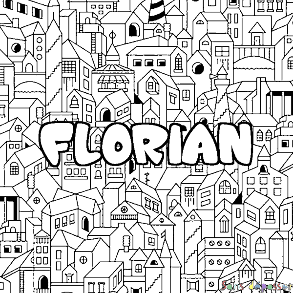 Coloriage pr&eacute;nom FLORIAN - d&eacute;cor Ville