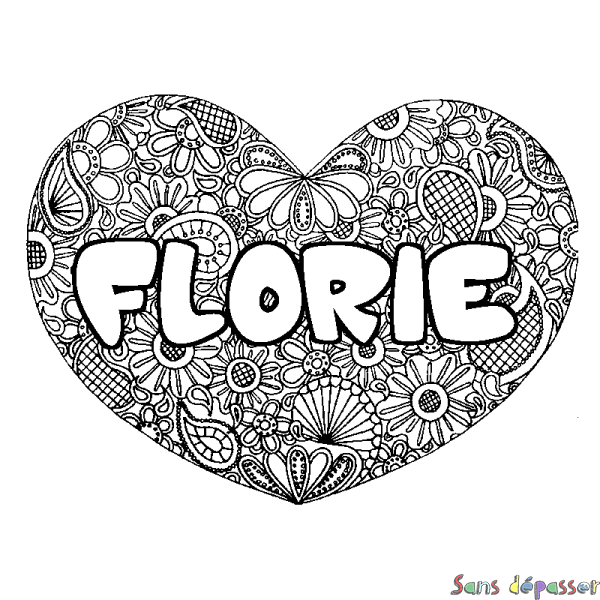 Coloriage pr&eacute;nom FLORIE - d&eacute;cor Mandala coeur