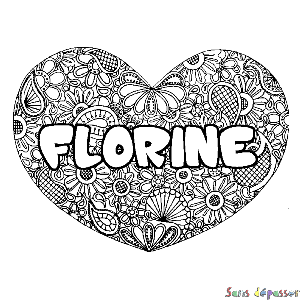 Coloriage pr&eacute;nom FLORINE - d&eacute;cor Mandala coeur