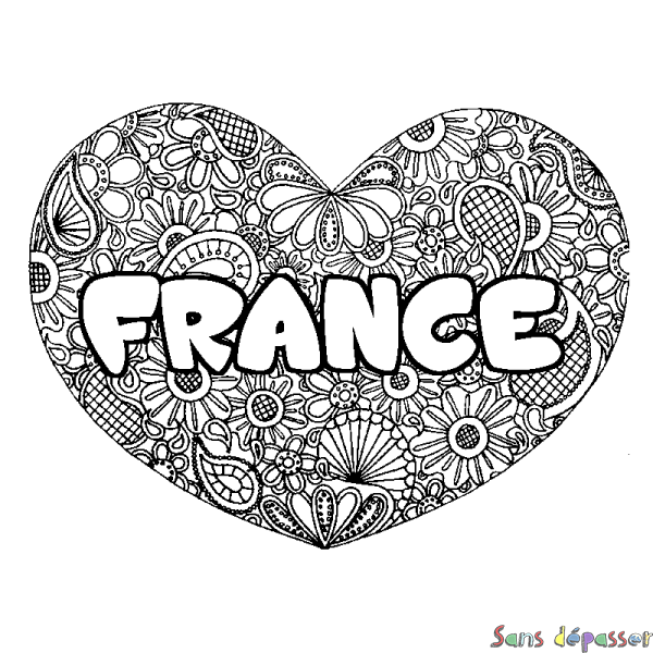Coloriage pr&eacute;nom FRANCE - d&eacute;cor Mandala coeur