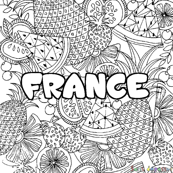 Coloriage pr&eacute;nom FRANCE - d&eacute;cor Mandala fruits