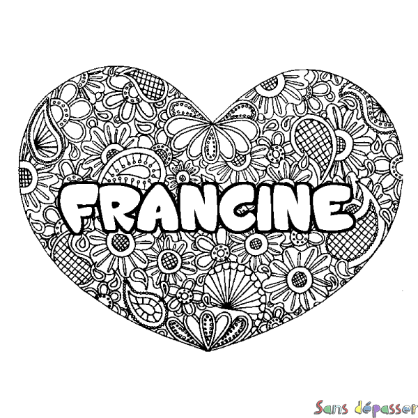 Coloriage pr&eacute;nom FRANCINE - d&eacute;cor Mandala coeur