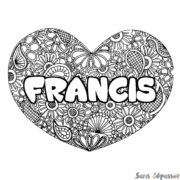 Coloriage pr&eacute;nom FRANCIS - d&eacute;cor Mandala coeur
