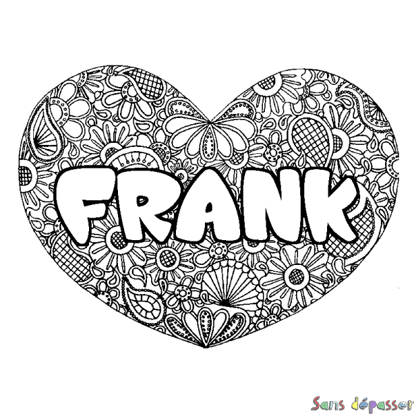 Coloriage prénom FRANK - d&eacute;cor Mandala coeur