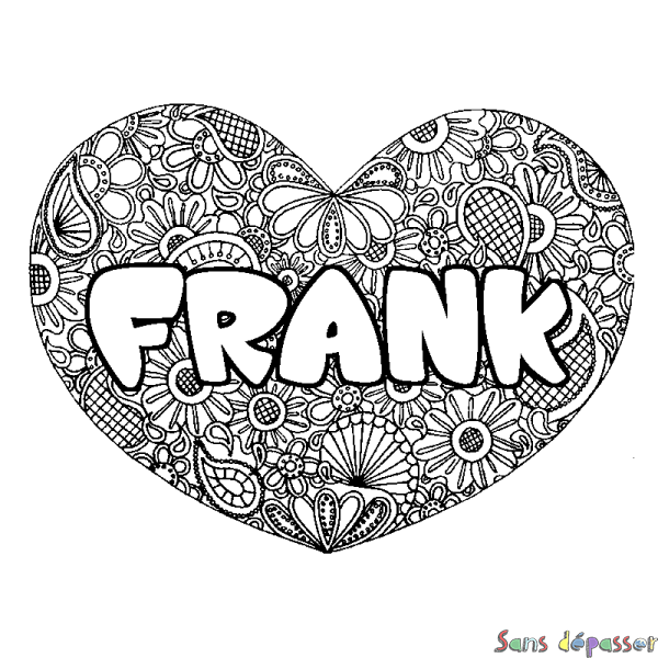 Coloriage pr&eacute;nom FRANK - d&eacute;cor Mandala coeur