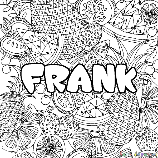 Coloriage pr&eacute;nom FRANK - d&eacute;cor Mandala fruits