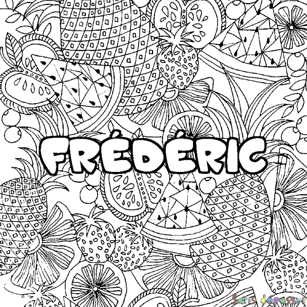 Coloriage pr&eacute;nom FR&Eacute;D&Eacute;RIC - d&eacute;cor Mandala fruits