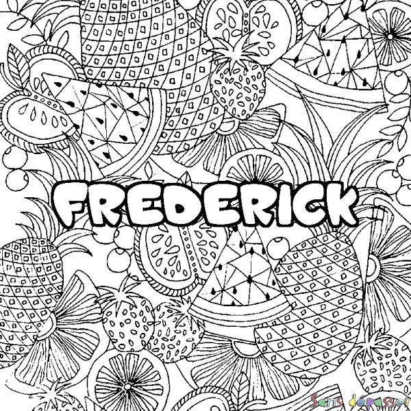 Coloriage pr&eacute;nom FREDERICK - d&eacute;cor Mandala fruits